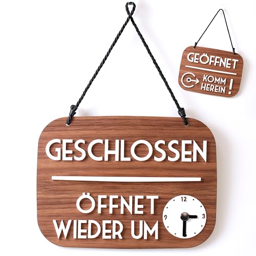3DP Geöffnet Geschlossen Schild Bin gleich zurück mit Saugnapf, Vintage Retro - Öffnungszeiten änderbar, mit Zeitanzeige und beweglichen Zeigern (Nussbaum, Deutsch)