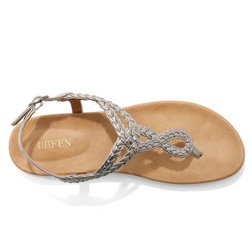 Image of UBFEN Womens Flat Sandals Dress Braided T-Strap Thong Sandals with Arch Support Comfortable for Walking