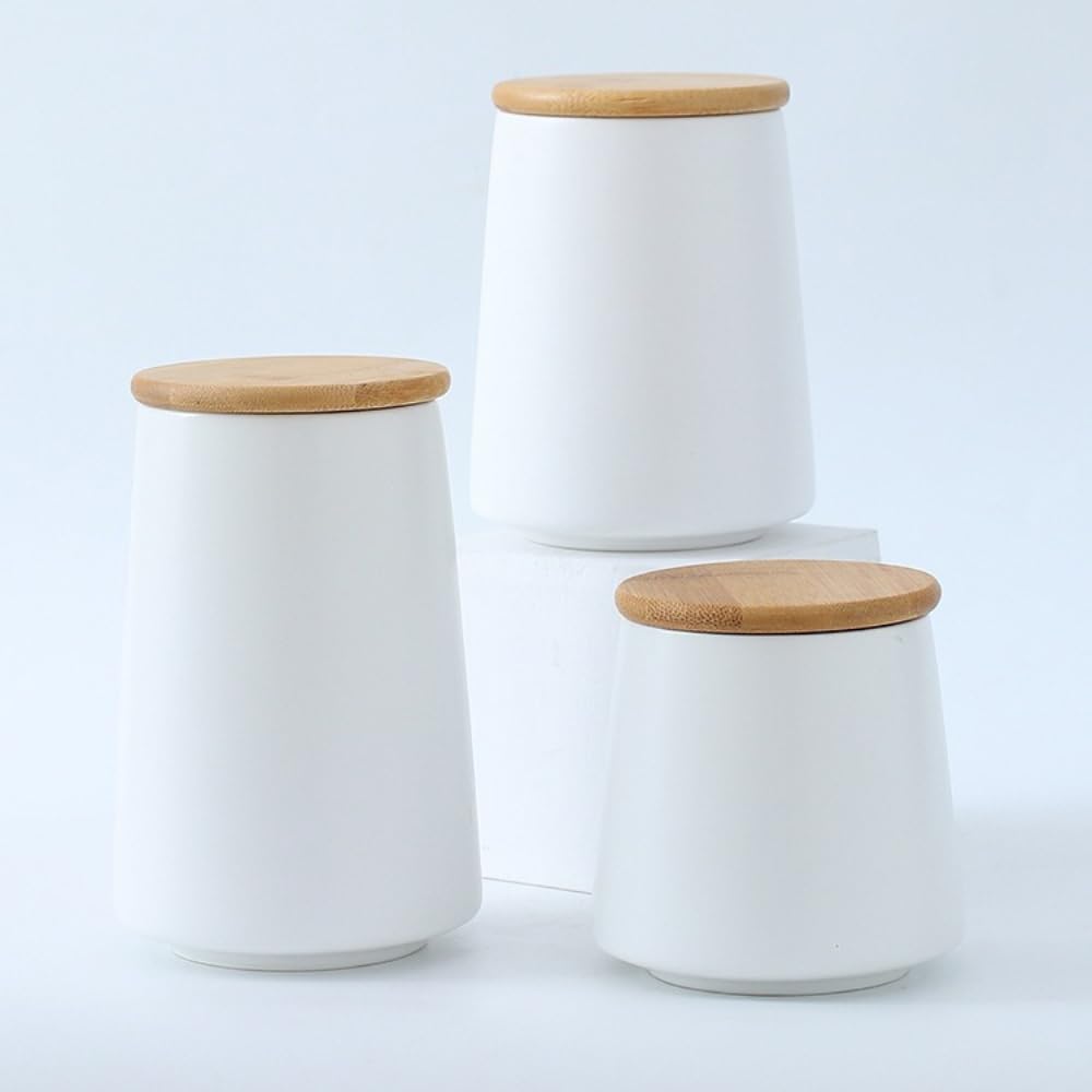 Ceramiczne pojemniki na zapasy z bambusową pokrywką, pojemnik do przechowywania żywności, do herbaty, cukru, kawy, orzechów, białe, A, 3-częściowy zestaw