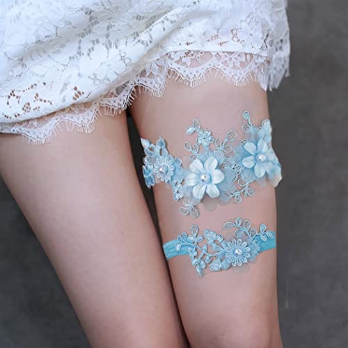 Campsis Bridal Garter Set Blue Pearl Flower Bride Wedding Garters Belt Handmade Crystal Strecth Lace Leg Rings Wdedding Gift Prom Party For Women And Girls 2Pcs #TOP3