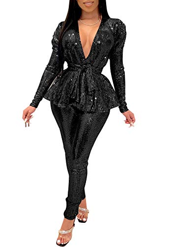 2 Piece Outfits for Women Sexy Glitter Deep V Lace Waist Tops + Tight Leggings Loungewear