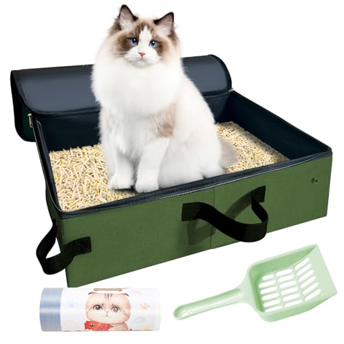 Image of Large Portable Cat Travel Litter Box, 20x14x6.5 Inches with Zipped Lid & 10 Liners, Leak-Proof, Lightweight, Sturdy & Waterproof and Foldable for Hotels, Car, & Camping