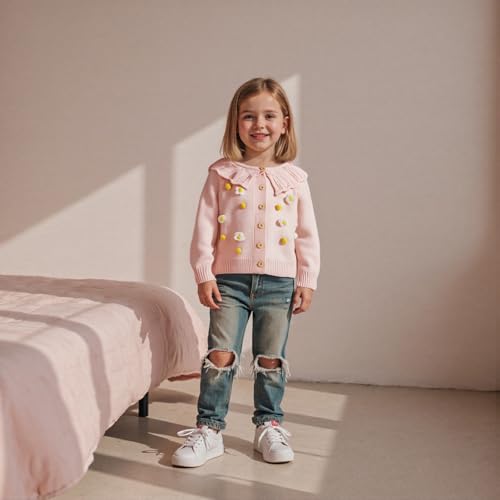 Toddler Girl Floral Knit Cardigan Flower Embroidery Long Sleeve Crochet Lace Collar Button Down Sweater Fall Winter Clothes2