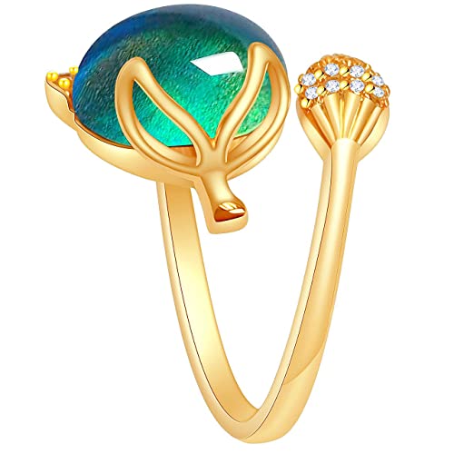 Lwzsyap Mood Ring For Women Girls Size Adjustable Easy, Gold Plated Brass Oval Stone Color Change Fox Rings, Cool Aesthetic Statement Mood Ring For Teen Girls #TOP29