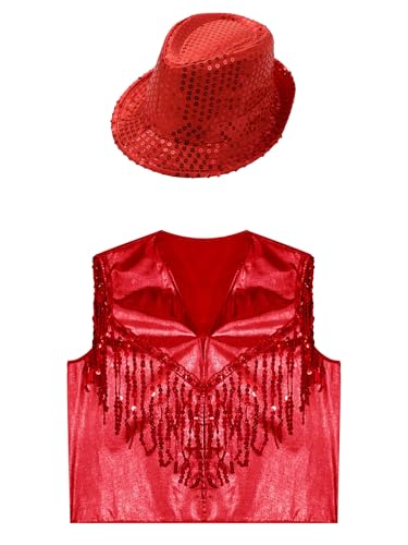 Girls Boys Ballroom Jazz Hip-Hop Dance Outfits Shiny Sparkle Sequins Jacket Vest Tops with Hat Sleeveless3
