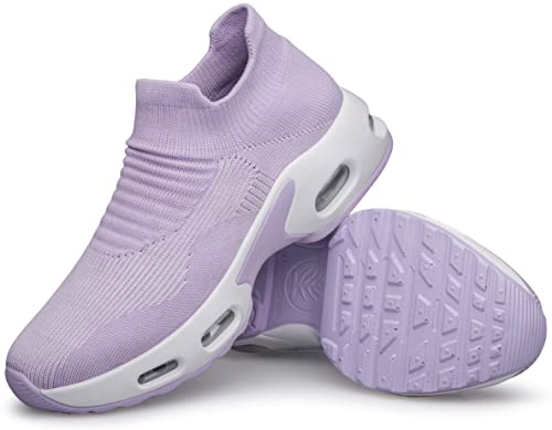 Image of DOUSSPRT Womens Walking Shoes Sock Casual Ladies Fashion Sneakers Comfortable Slip On Air Cushion Platform LightPurpleWhite 8