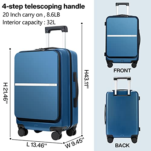 Image of Hanke 20 Inch Carry On Luggage Airline Approved Hard Shell Suitcases with Wheels & Front Pocket TSA Luggage Lightweight Carry On Suitcase for Travel Rolling Luggage for Woman Man, Blue, Carry On