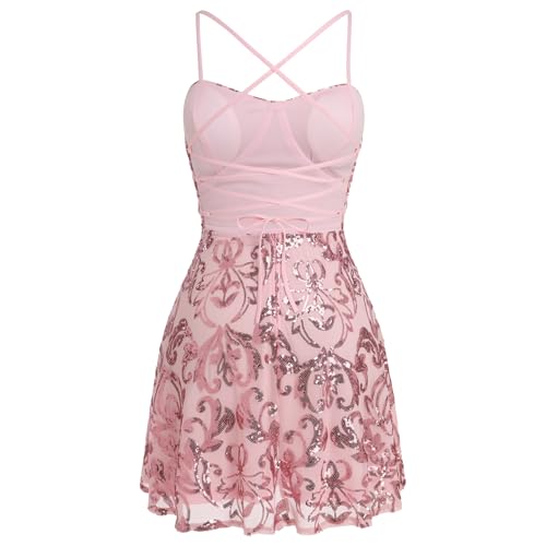 ODIZLI Women's Spaghetti Straps Sparkly Sequins A Line Swing Party Nightclub Dance Mini Dress Above Knee Length4