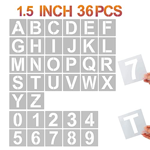 Image of YEAJON 1.5 Inch Letter and Number Stencils, 36 Pcs Alphabet Art Craft Set, Reusable Plastic for Wood, Wall, Fabric, Rock, Signage, DIY Art Projects