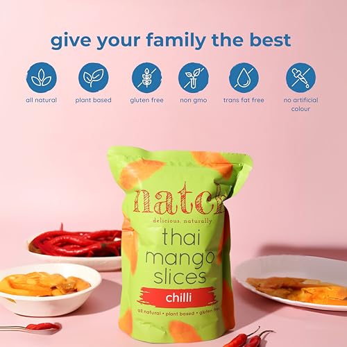 Image of Natch Dried Thai Mango Slices, Healthy Snakcs Vegan & Gluten Free, 100% Natural Fruit, No Artificial Preservatives, Healthy Fruit Snacks for Adults & Kids, Real Mango Candy, 150g each (Pack of 3), Chilli Flavour