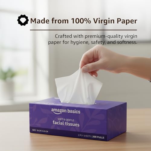 Image of Amazon brand- Amazon Basics 2-Ply Facial Tissue paper 600 pulls | 200 pulls x Pack of 3| Soft & Gentle| Chemical-Free