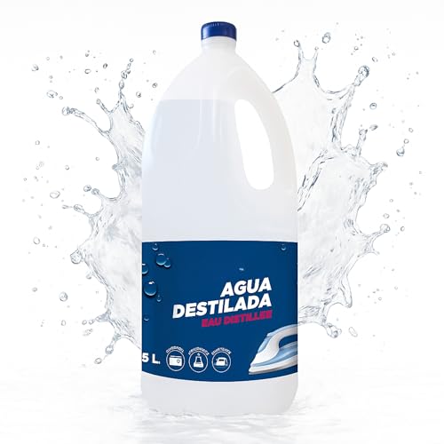 Agua Destilada Desmineralizada Desionizada por Osmosis inversa, Apto para planchas de Vapor, Acumuladores y/o Baterías, Limpiaparabrisas del Coche, Radiadores Coche, Centros de Planchado, 5 litros