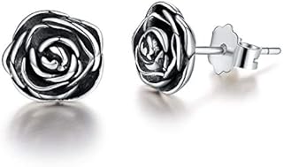 Esberry Gifts for Christmas 18K Gold Plating 925 Sterling Silver Rose Stud Earrings Hypoallergenic Flower Earrings Jewelry for Women and Girls (Antique Silver)