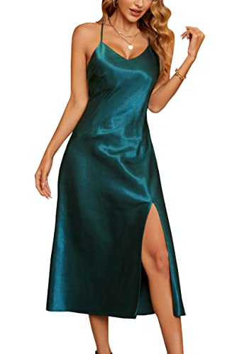 Alcea Rosea Mujer Sexy Vestido de Satén Escotado por Detrás Abertura Alta con Tirantes Finos Vestido de Fiesta de Cóctel Leopardo Vestido a Media Pierna (Verde Oscuro, L) Cover