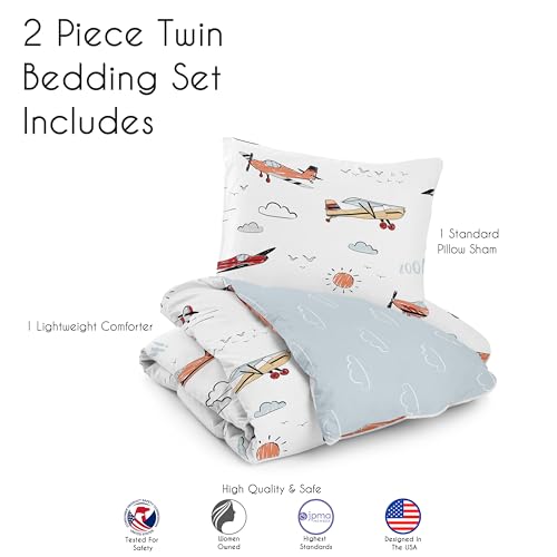 Image of Sweet Jojo Designs 2-Piece Twin Comforter Set (Red Vintage Airplane) for Boys, Children, Kids Bedding, Bed in a Bag incl. Blanket & Pillow Sham (Airplanes, Transportation, Clouds, Sun, Sky, Blue)