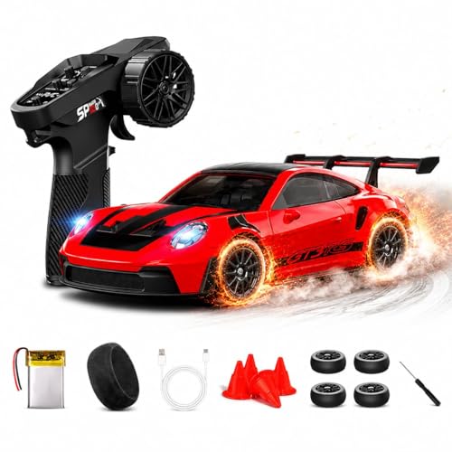Image of Royal Cellar RC Drift Car 1:24 Scale 4WD | 20KM /H High-Speed Remote Control Car with LED Lights | 2.4GHz Rechargeable Drift Racing Car with Extra Tires & Cones | Gift Boys & Girls (Sparking Porshe)