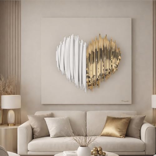 MAZZOLA LUCE Quadro moderno 3d scultura da parete cuore stilizzato marmorino bianco e oro