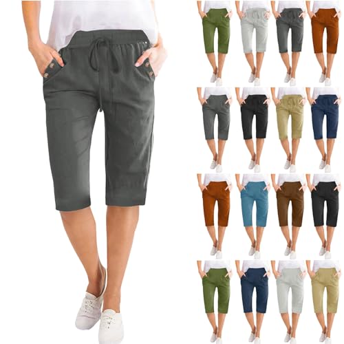 RKSTN Women Half Linen Pants with Pockets Elastic Waist Shorts Summer Beach Capris Solid Straight Wide Leg Knee Length Pant