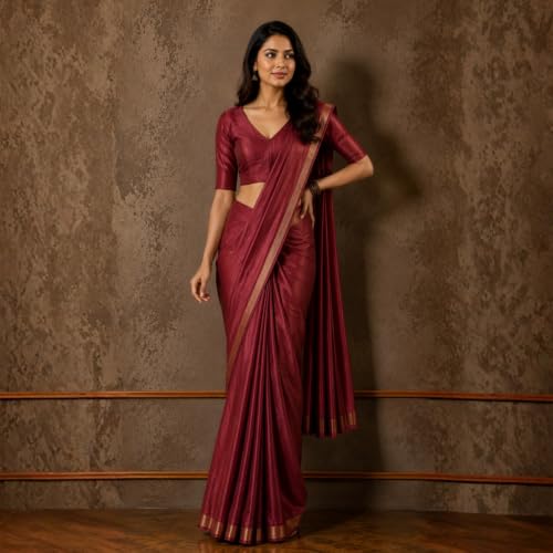 Image of Studio Shringaar Women Readymade Raw Silk V Neck Saree Half Sleeve Blouse