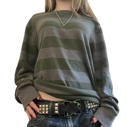 Y2K Striped Long Sleeve Top for Teen Girls Vintage Grunge Aesthetic Cute Shirt Downtown Girl Clothes Harajuku Streetwear