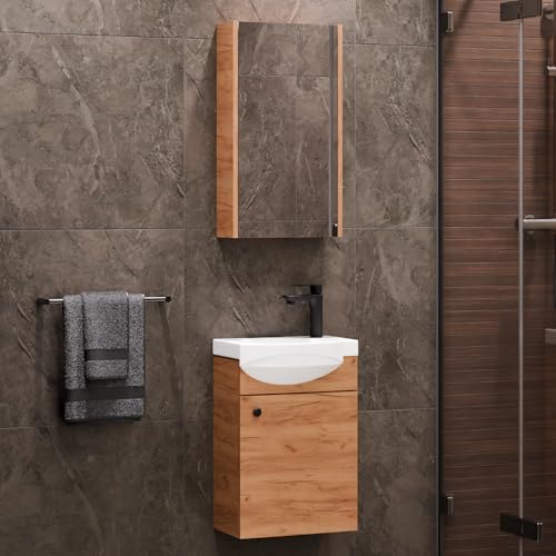Planetmöbel Badmöbel Set Waschtisch mit Unterschrank 40 x 60 x 29 cm mit Spiegelschrank 40 cm für Badezimmer, Gäste WC & Bad, Gold Eiche