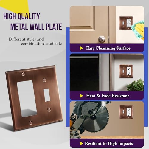 Image of ENERLITES Combination Toggle Switch & Decorator Receptacle Metal Wall Plate, Stainless Steel 201 Outlet Cover, Corrosion-Resistant, Standard Size 2-Gang 4.50 inch x 4.57 inch, 771131-AC, Antique Copper