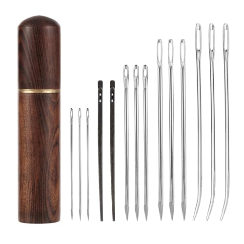 15pcs Leather Sewing Needles Kit Large Eye Hand Stitching Needle Steel Bent Tapestry Needle Heavy Duty Leather Lacing Needle with Wooden Case for DIY Craft Sofa Bag Repair Projects