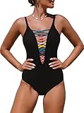 popvil Black Sexy One Piece Swimsuit for Women Plunge Deep V Neck Bathing Suit