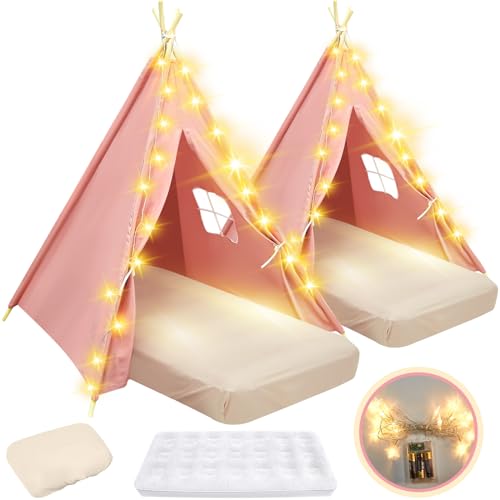 Windyun 2 Pack Kids Teepee Tent Bulk with Light String & Inflatable Airbed & Bedding Fitted Sheet, Natural Cotton Toddler Play Tent Washable Foldable Tent for Girls Boys Indoor Outdoor (Pink)