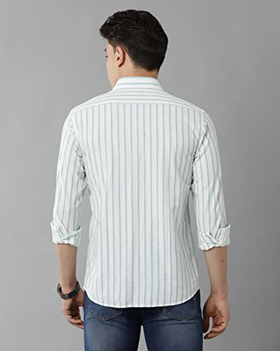 Image of Cavallo by Linen Club Men's Cotton Linen Green Striped Slim Fit Full Sleeve Casual Shirt