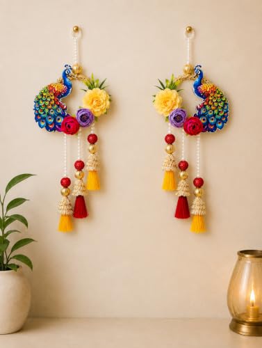 Divyakosh Peacock Side Door Hanging Set of 2 for Home Entrance Decoration, Handmade Decorative Floral Door Hanging with Artificial Flowers, Pearl Bead & Tassels, Main Door Wall Decor for Diwali, Pooja