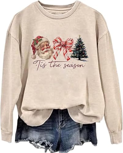 VKEGNIO Tis the Season Sweatshirts for Women Christmas Graphic Long Sleeve Shirt Xmas Holiday...