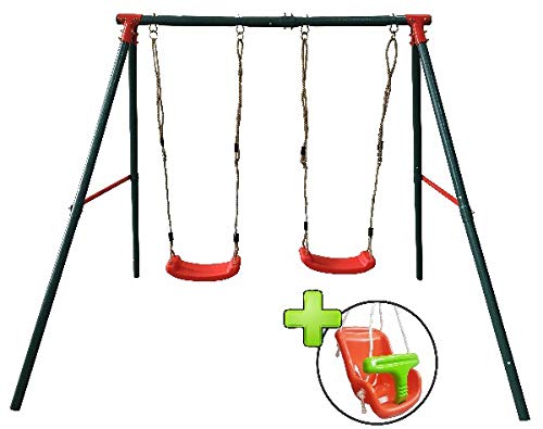 MASGAMES | Columpio metálico de Dos plazas BAMBÚ | 2 Asientos Planos de plástico y Cuerdas + Silla Extra de bebé con Respaldo | Anclajes incluidos | Uso doméstico |