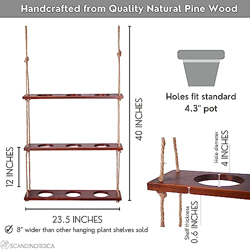 Scandinordica Hanging Window Planter – 3 Tiered Wood Floating Window Herb Garden Shelf With Holes And Rope, Vertical Wall Indoor Herb Planter For Kitchen | Red Mahogany #TOP2