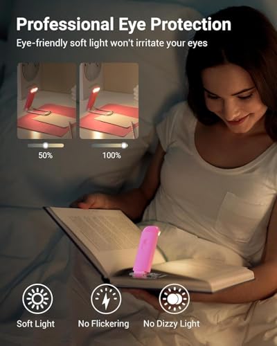 Image of Clip-On LED Book Lamp for Night Reading, USB Rechargeable Study Light for Students, 3 Brightness & Color Modes, Eye-Care Portable Foldable Reading Light for Bed & Travel (Pink)