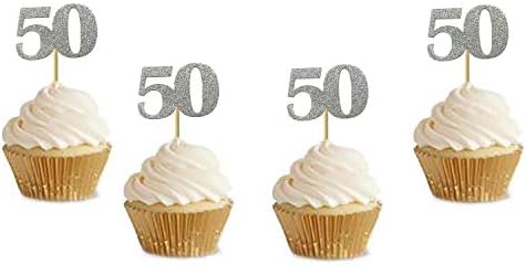 24 Pack of Number"50" Cupcake Toppers Glitter Sliver 50th Birthday Party Anniversary Party Cupcake Toppers