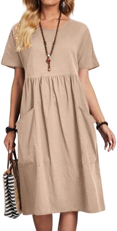 utcoco Womens Summer Cotton Linen T Shirt Dress Casual Loose Fit Crewneck Short Sleeve Midi Dresses with Pockets