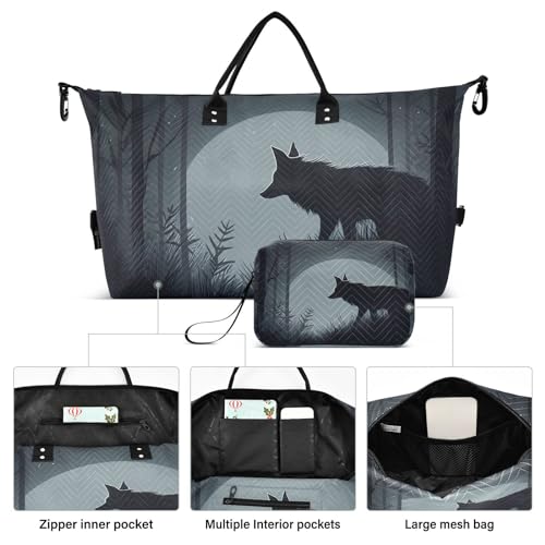 Large Travel Duffel Bag, Night and Wolf Sports Tote Gym Bag, Shoulder Weekender Overnight Bag for Women Men, Carry On Luggage with Toiletry Bags2