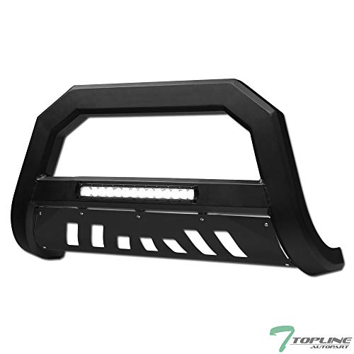 Topline Autopart Matte Black AVT Style Aluminum LED Light Bull Bar Brush Push Front Bumper Grill Grille Guard With Skid Plate For 05-15 Toyota Tacoma