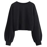 ✪ Design: Langärmelige Schwarz kurz Sweater für Damen im Herbst, fallend Schulter Design und die langen Laternenärmel. Es ist ein auffälliger Pullover.