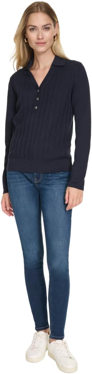 Nautica Womens V-Neck Cable Polo Long Sleeve