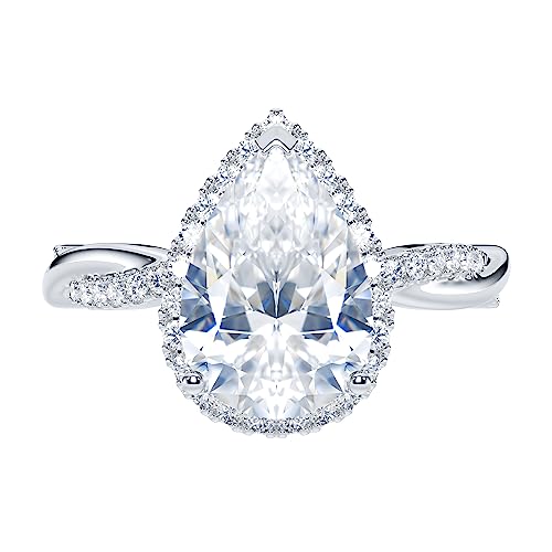 THELANDA Sterling Silver Petite Twisted Vine 3CT Teardrop Pear-Shaped Genuine Moissanite Halo Engagement Ring Promise Ring2