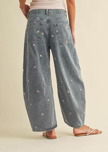 CHARTOU Women Embroidered Barrel Jeans Floral Baggy Jeans Loose Mid Rise Wide Leg Denim Pants with Pockets3