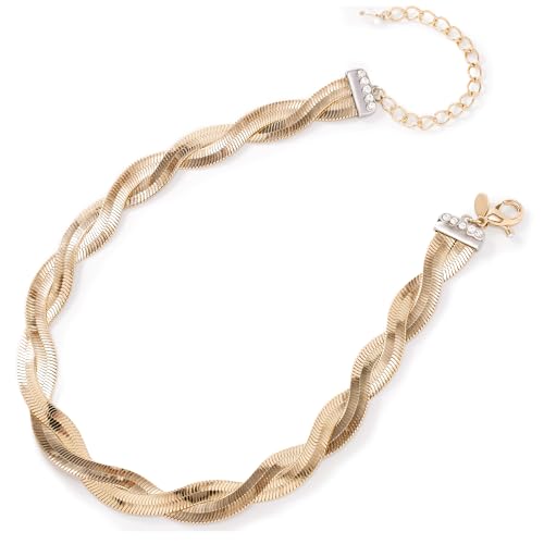JTV Braided Gold-Plated Herringbone Chain Necklace for Women - Thick Adjustable Chain with Crystal Accent Clasp - Elegant Gold Necklace for Everyday or Formal Wear - Gift Box Included3
