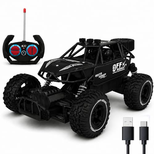 Image of Black RC Car Rock Crawler Remote Control Car with LED Headlight, Rechargeable Battery High Speed Off Road RC Car, Monster Truck Toy Car for Kids & Boys 7-14 Years | Remote Control Car Toy Gift
