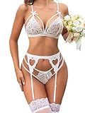 Aranmei Women Lingerie Set with Garter Belt Bra and Panty Sets Sexy Lace Bodydoll Bodysuit White