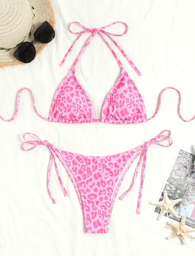 Image of ZAFUL Womens Printed Triangle Bikinis 2 Piece Halter Bikini Sets High Cut Bathing Suit Side Tie Swimsuits