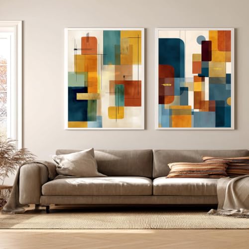 Tableau moderne abstrait triptyque minimaliste sans cadre noir orange