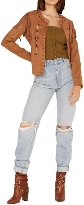 Women's Fringe Embroidered Jacket, Western Style, Suede, Camel