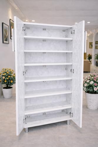 Image of Shoe Rack Organizer, 25 Pair Tower, 6 Shelves, 2 Door, Engineered Wood, with Soft Closer Door, Marble White,Easily accommodate Upto UK Size 10